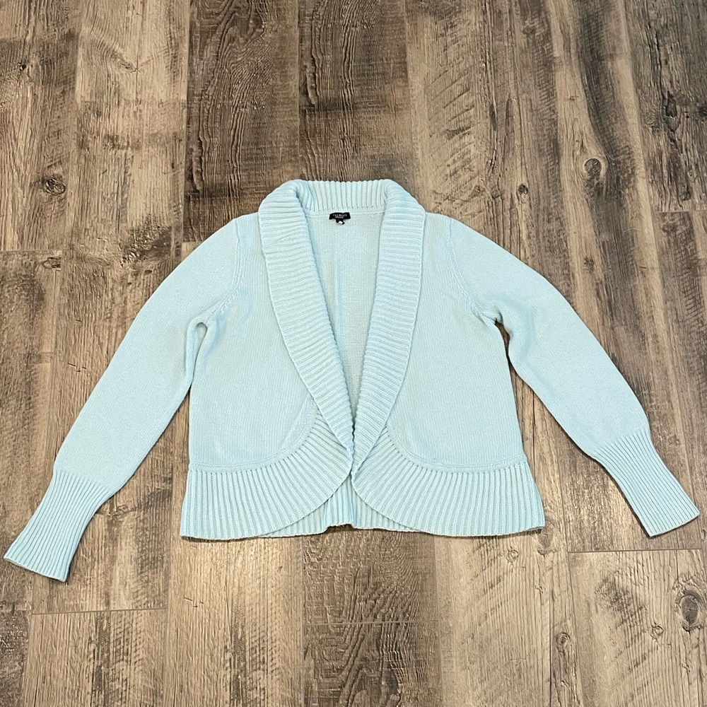 Talbots Light Blue Aqua L Crop Ruffle Open Cardigan Sweater Bolero s…